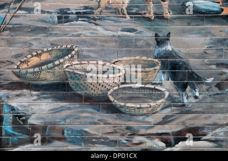 Ancient Indian Fishing Grounds mural, The Dalles, Columbia River Gorge National Scenic Area, Oregon Stock Photo