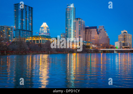 Austin skyline and the Colorado River at night Stock Photo