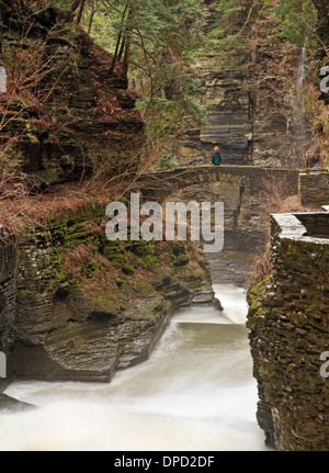 A woman stands on a stone arch bridge and contemplates Lucifer Falls in Robert Treman State Park near Ithaca, NY Stock Photo