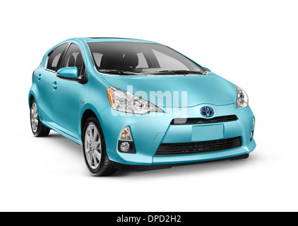 License available at MaximImages.com - Blue 2013 Toyota Prius C mid-size hybrid car isolated on white background with clipping path Stock Photo