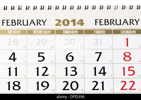 Calendar page on February 2014. Closeup. Stock Photo