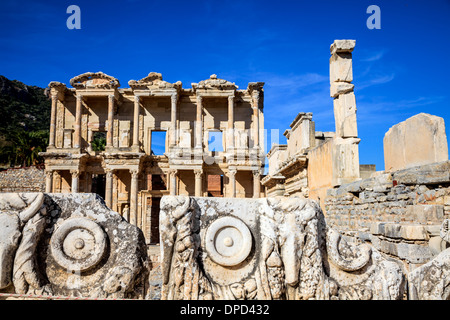 Carvings and library of celsus in ephesus, turkey Stock Photo