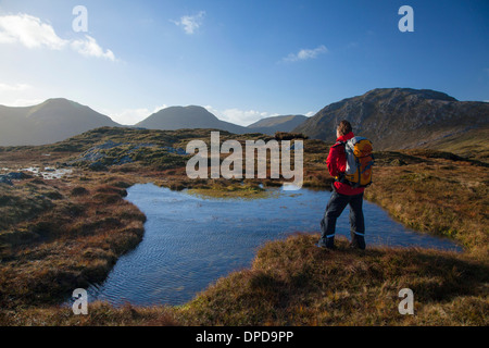 Walker beside a bog pool on a ridge high in the Twelve Bens, Connemara, County Galway, Ireland. Stock Photo