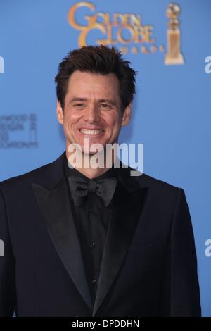 Los Angeles, California, USA. 12th January 2014. Jim Carrey poses in the press room of the 71st Annual Golden Globe Awards aka Golden Globes at Hotel Beverly Hilton in Los Angeles, USA, on 12 January 2014. Photo: Hubert Boesl/dpa/Alamy Live News Stock Photo