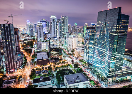 Miami, Florida, USA downtown nightt aerial cityscape at night.
