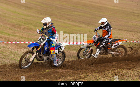 Aberdeenshire, Scotland, UK . 12th Jan, 2014. This is some of the actions scenes from the Aberdeen & District Motocross Club, Stubble Park Race on 12 January 2014 at Fornet Farm, Lyne of Skene, Aberdeenshire, Scotalnd, United Kingdom. Credit:  JASPERIMAGE/Alamy Live News Stock Photo