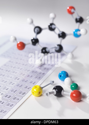 Molecular model next to periodic table on lab bench Stock Photo