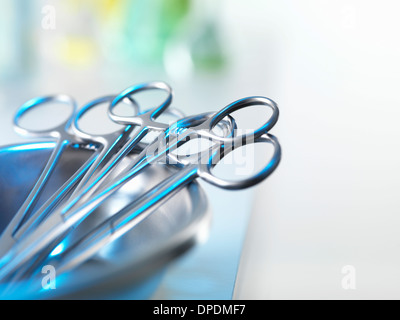 Medical instruments in tray Stock Photo