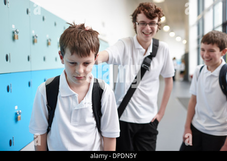 Schoolboy being bullied in school corridor