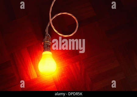 Still life of glowing lightbulb on parquet floor Stock Photo