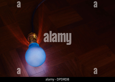 Still life of blue lightbulb on parquet floor Stock Photo