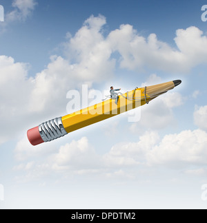 Planning potential business concept as a businessman guiding a giant yellow pencil with a harness as a metaphor for creative leadership and taking control of your career plan by developing a personal strategy. Stock Photo