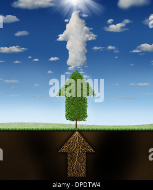 Success program business concept as underground roots a green tree and clouds all shaped as a group of connected arrows pointing up to a glowing sun as a metaphor for successful planning to achieve winning goals. Stock Photo