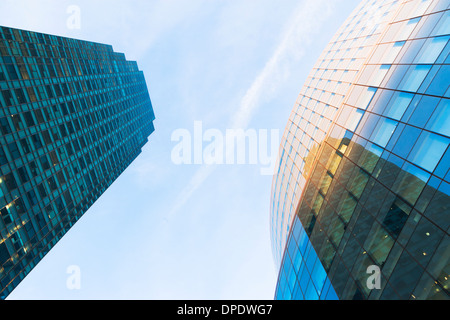 Close up angled view of two skyscrapers, New York City, USA Stock Photo