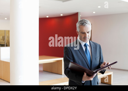 Businessman in waiting area of office, looking at paperwork Stock Photo