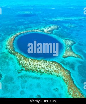 The Blue Hole Blue Hole National Monument, Belize Caribbean Sea Meso-American Reef Lighthouse Reef Atoll 400 foot hole in reef Stock Photo