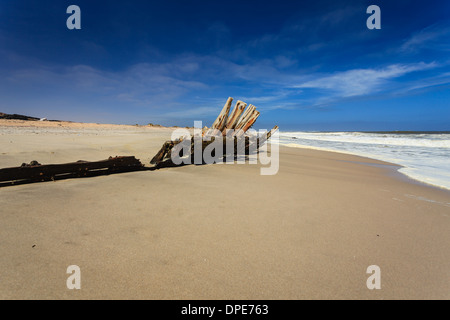 Wooden ribs from an old shipwreck rot on the shore on Skeleton Coast in Namibia Africa Stock Photo