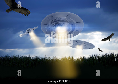 UFO Attack Illustration. Three UFOs Above Corn Field Attacking the Earth. Extraterrestrials Collection. Stock Photo