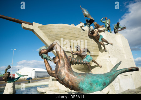 A new monument paying tribute to the region's maritime history on the waterfront of the Strait of Magellan in Punta Arenas, Chile. The city is the largest south of the 46th parallel south and capital city of Chile's southernmost region of Magallanes and Antartica Chilena. Stock Photo