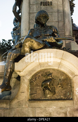 A statue monument dedicated to the first explorer to circumnavigate the glove, Ferdinand Magellan, in the main square of  Punta Arenas, Chile. The city is the largest south of the 46th parallel south and capital city of Chile's southernmost region of Magallanes and Antartica Chilena. Stock Photo