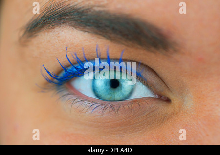 Close-up shot of a womans right eye  and eyebrow, she is also wearing makeup. Stock Photo