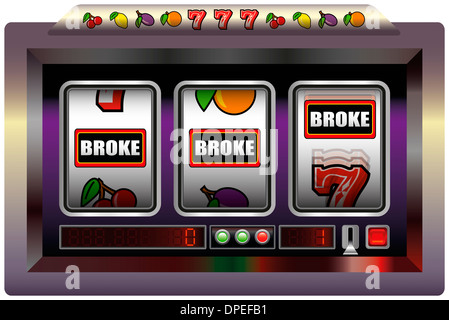 Illustration of a slot machine with three reels, slot machine symbols and the lettering BROKE. Stock Photo