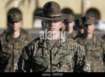 (PUBLISHED 1/13/2005, A-12) Jan 12---Staff Sargeant Amial stands in front of his platoon, which is part of 2nd Battalion Echo Company, on the parade deck at Marine Corps Recruit Depot.  The group was practicing for their graduation this Friday (Jan 14th).  Photo/Scott Linnett Stock Photo