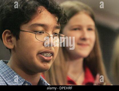 (Published 3/16/2005, B-1:1,2,6,7)  Anurag Kashyap,(left) from Meadowbrook Middle School, took first in the annual countywide spelling bee at the Scottish Rite Center. Julia Brown, from Bernardo Heights Middle School(right)was runner-up.UT/DON KOHLBAUER Stock Photo