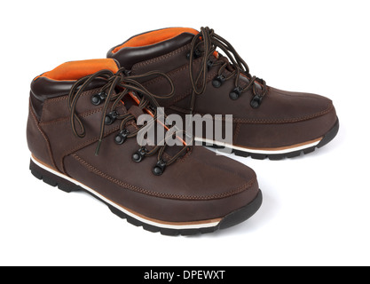 Pair of brown boots on a white background Stock Photo