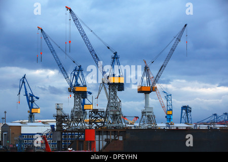 Cranes on a dock of the Blohm + Voss shipyard in the evening light, port of Hamburg, Hamburg, Germany Stock Photo