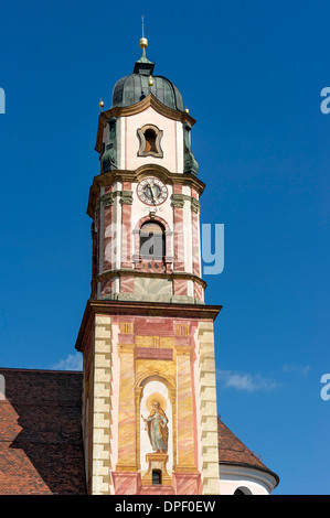 Bell tower of the parish church of St. Peter and Paul with Lüftlmalerei, Mittenwald, Werdenfelser Land, Upper Bavaria, Bavaria Stock Photo