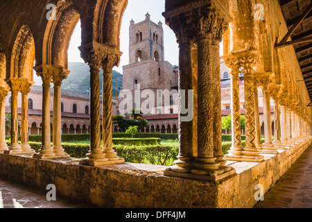 Duomo di Monreale at sunset (Monreale Cathedral), courtyard gardens, Monreale, near Palermo, Sicily, Italy, Europe Stock Photo