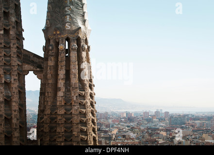 View of city and detail of La Sagrada Familia, Barcelona, Spain Stock Photo