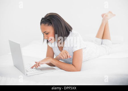 Content young dark haired model using a laptop Stock Photo