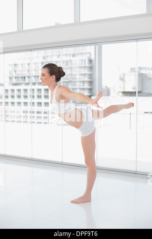 Pretty fit brown haired model in sportswear doing fitness exercises Stock Photo