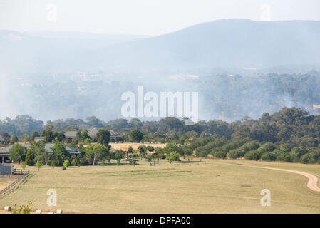 Victorian bushfires during heatwave January 2014 tempertures of 44C out of control Kangaroo Ground Panton Hill Melbourne fire Stock Photo