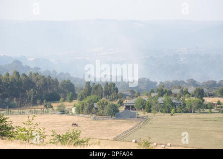 Victorian bushfires during heatwave January 2014 tempertures of 44C out of control Kangaroo Ground Panton Hill Melbourne fire Stock Photo