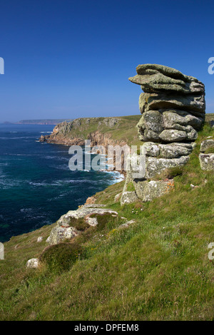 Looking to Sennen Cove from Lands End, summer sunshine, Cornwall, England, United Kingdom, Europe Stock Photo