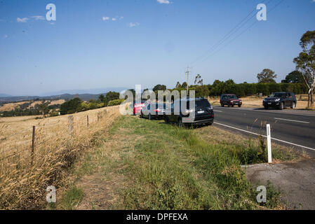 Victorian bushfires during heatwave January 2014 tempertures of 44C out of control Kangaroo Ground Panton Hill Melbourne fire Stock Photo