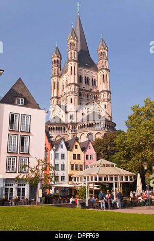 The tower of The Great Saint Martin church and the old town of Cologne. Stock Photo