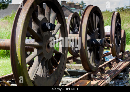 steam engines wheels in sidings awaiting restoration.caledonian railways Montrose Scotland Stock Photo