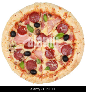 Pizza with ham, pepperoni, mushrooms and olives, isolated on a white background Stock Photo