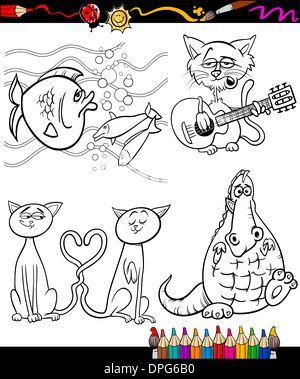 Coloring Book or Page Cartoon Illustration Set of Black and White Animals and Pets or Fantasy Characters for Children Stock Photo