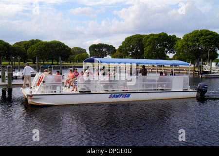 Miami Florida,Everglades National Park,Main Park Road,Flamingo,pontoon boat,passenger passengers rider riders,guide,marina,FL131031041 Stock Photo