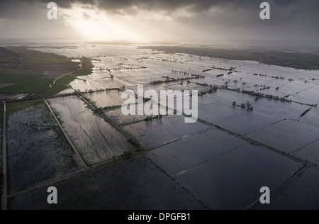 An aerial view of the Somerset Levels which shows the true extent of the flooding in the South West Stock Photo