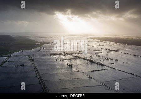 An aerial view of the Somerset Levels which shows the true extent of the flooding in the South West, Stock Photo