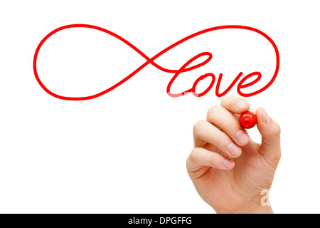 Hand sketching Infinity Love symbol with red marker on transparent wipe board. Concept about finding the endless love. Stock Photo