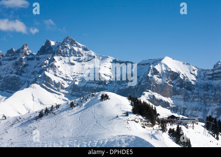 The Dents du Midi above  The Val D'illiez from the village of Champoussin part of The Portes du Soleil Valais Switzerland Stock Photo