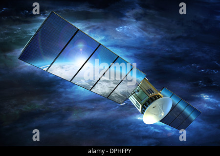 Television Signal Satellite with Large Solar Panels on Earth Orbit. 3D Render Illustration. Broadband Television Technology. Stock Photo