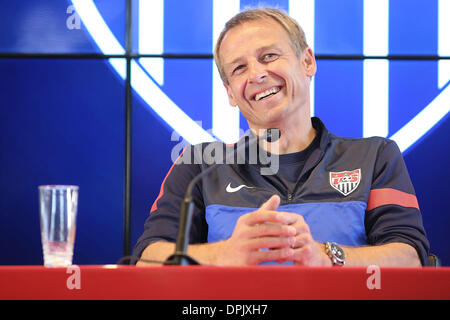 Sao Paulo, Brazil. 15th Jan, 2014. The coach of United States national soccer team, Jurgen Klinsmann, participates in a press conference at the Training Center of the Sao Paulo Football Club in Sao Paulo, Brazil, on Jan. 14, 2014. © Rahel Patrasso/Xinhua/Alamy Live News Stock Photo
